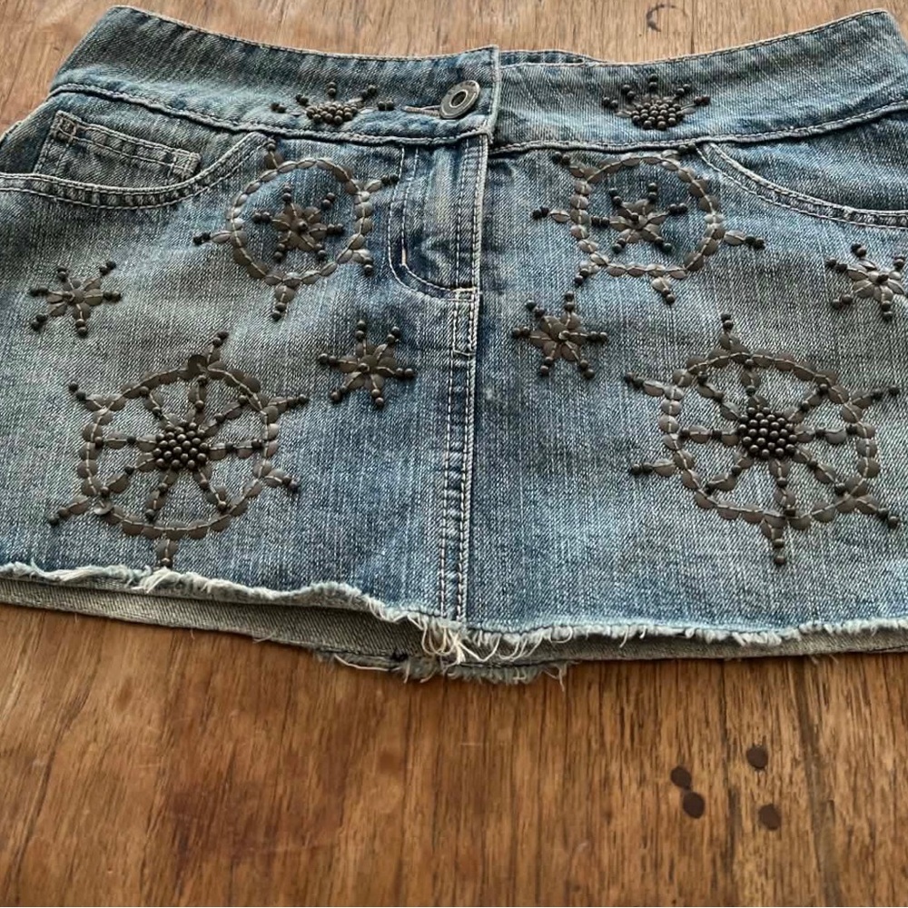 VTG Y2K Beaded Denim Mini Skirt Boho Festival Western Low Rise L